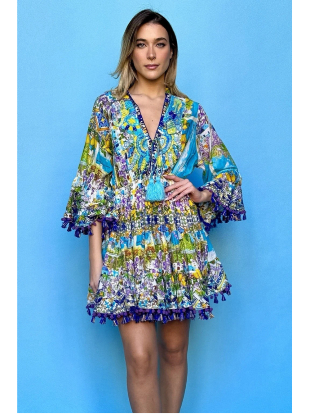 Antica Sartoria NWT Tassel Beaded Sequin Tunic Dress O/S Lemon Floral Turchese
